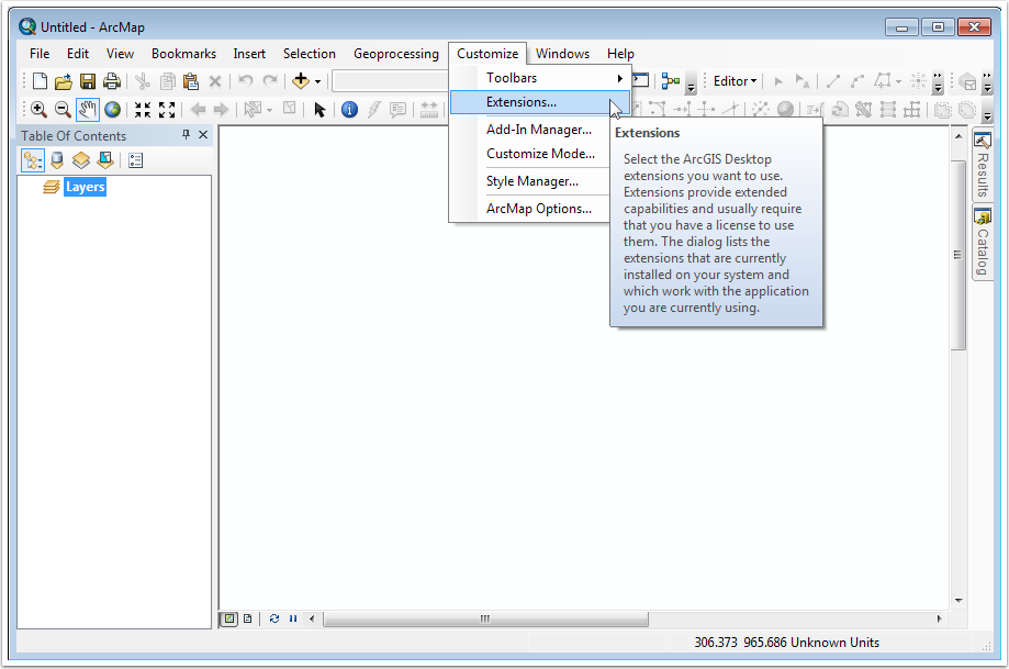 Opening the ArcMap extensions window.