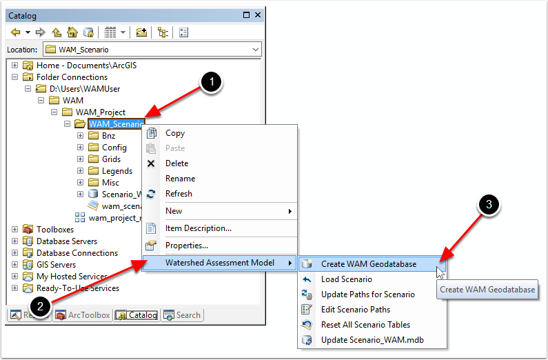 The steps to create a new geodatabase