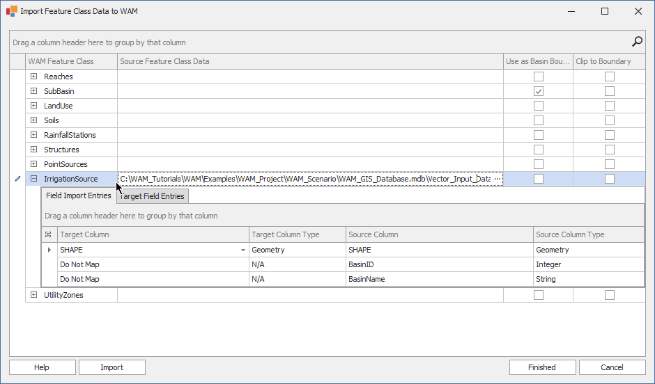 Importing the Irrigation Source Feature Class
